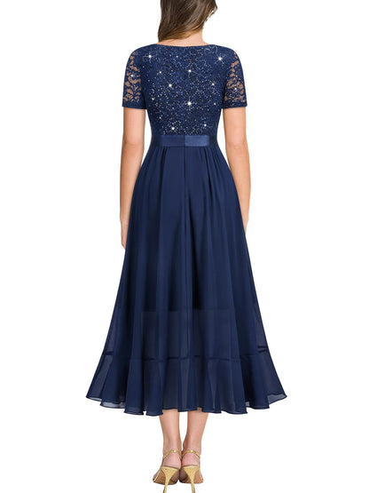 Elegant A - Line V - Neck Short Sleeve Zipper - Back Asymmetrical - Length Evening Dress