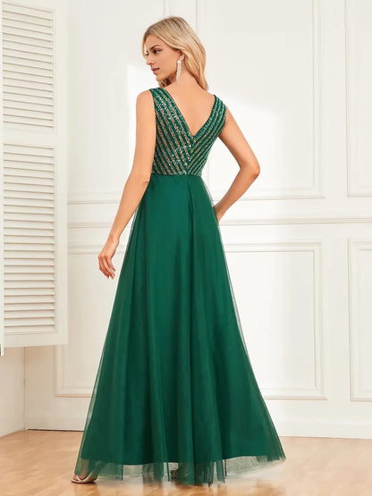 Elegant A - Line V - Neck Sleeveless Beaded Floor - Length Evening Dress