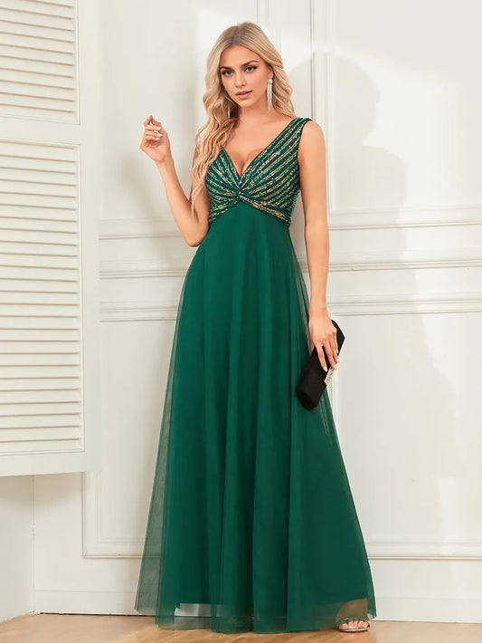 Elegant A - Line V - Neck Sleeveless Beaded Floor - Length Evening Dress
