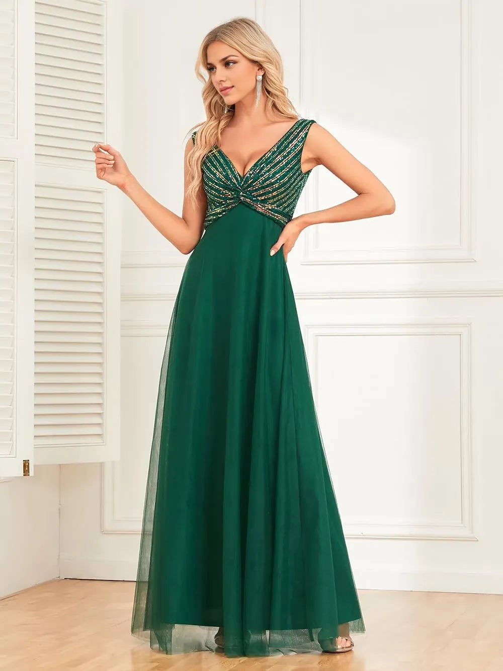 Elegant A - Line V - Neck Sleeveless Beaded Floor - Length Evening Dress