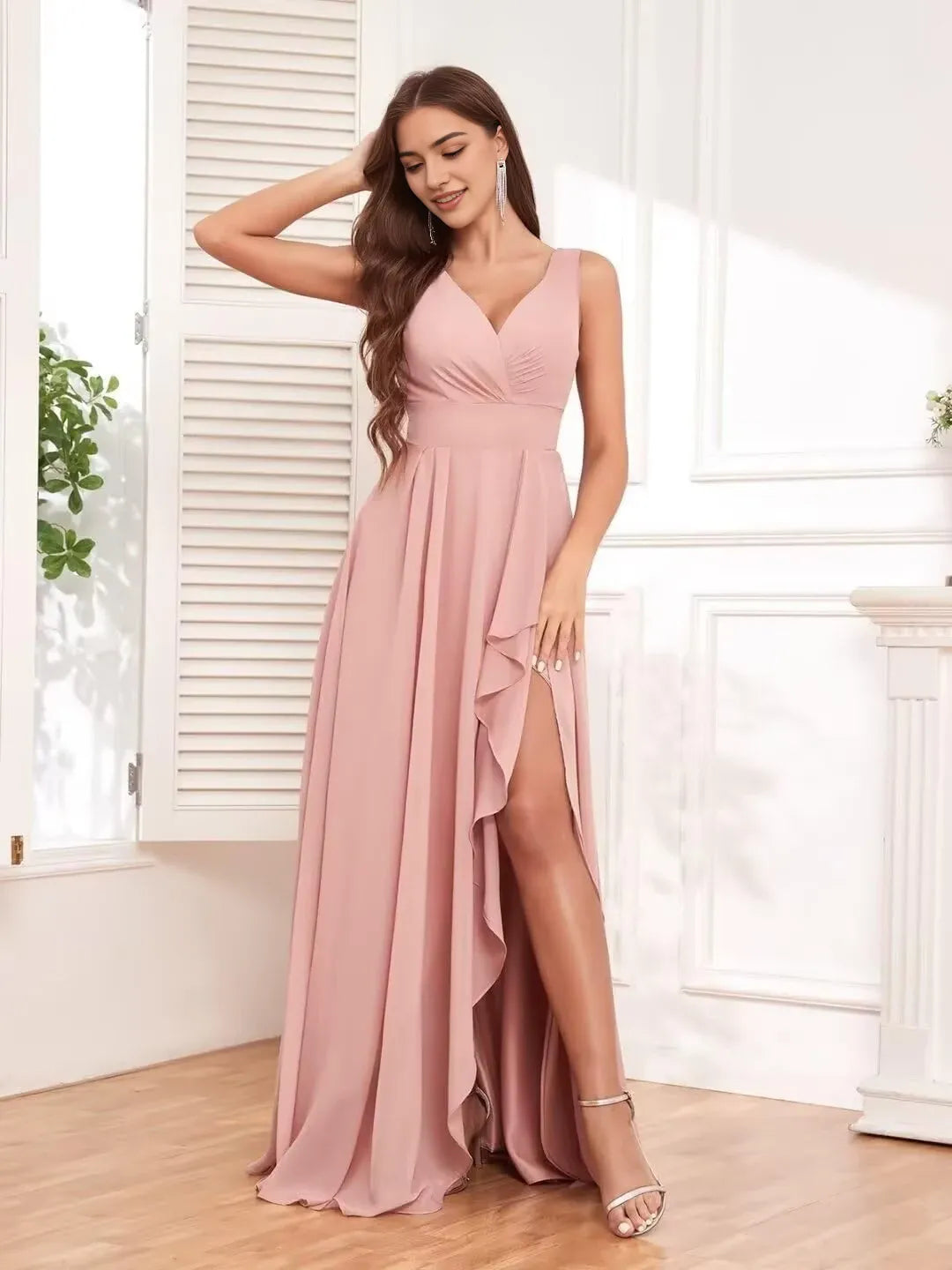 Elegant A-Line V-Neck Sleeveless Lace-Up Back High-Slit Maxi Evening Dress