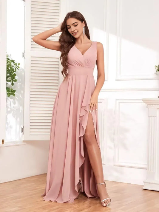 Elegant A-Line V-Neck Sleeveless Lace-Up Back High-Slit Maxi Evening Dress