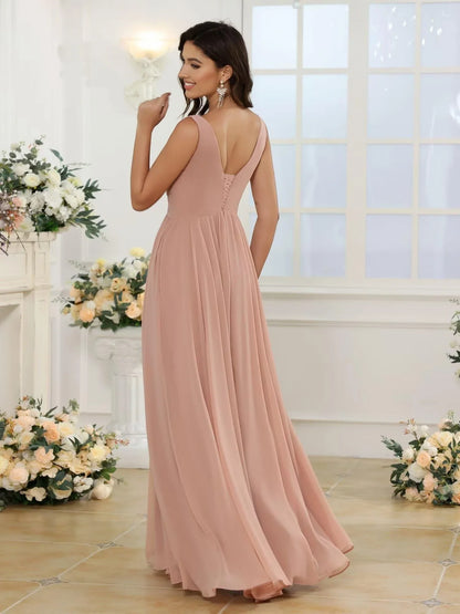Elegant A-Line V-Neck Sleeveless Lace-Up-Back High-Slit Maxi Evening Dress