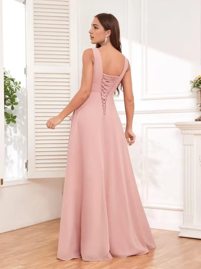 Elegant A-Line V-Neck Sleeveless Lace-Up Back High-Slit Maxi Evening Dress