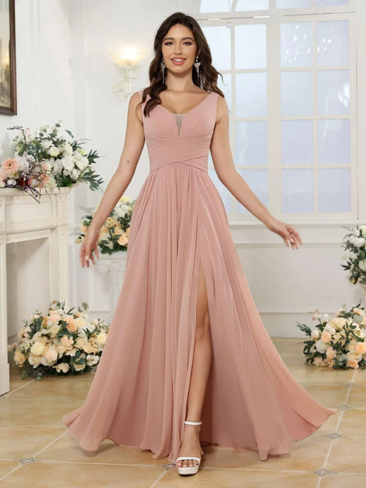 Elegant A-Line V-Neck Sleeveless Lace-Up-Back High-Slit Maxi Evening Dress
