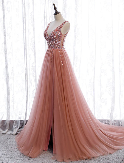Another full-length view of the A-line prom dress, emphasizing its elegant silhouette and court train.
