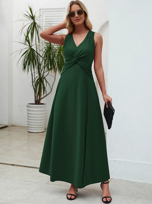Elegant A-Line V-Neck Sleeveless Twist Front Maxi Evening Dress