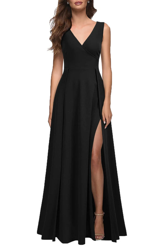 Elegant A-Line V-Neck Sleeveless Zipper-Back Maxi Evening Dress
