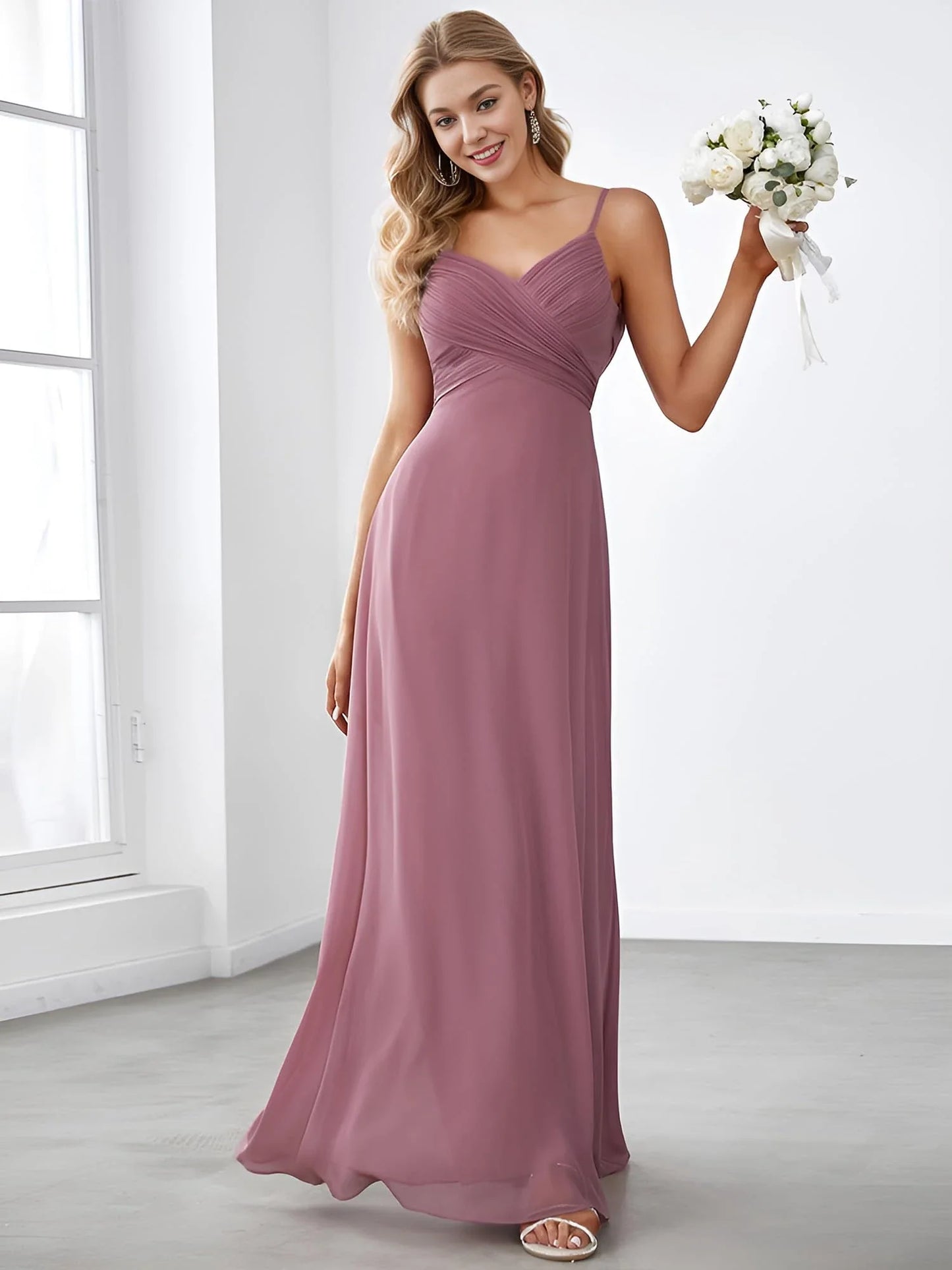 Elegant A-Line V-Neck Spaghetti Strap Cowl Back Maxi Bridesmaid Dress