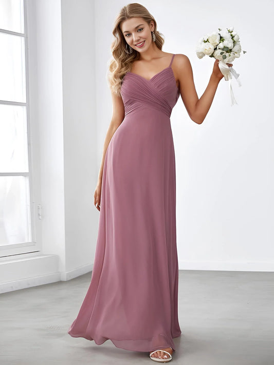 Elegant A-Line V-Neck Spaghetti Strap Cowl Back Maxi Bridesmaid Dress