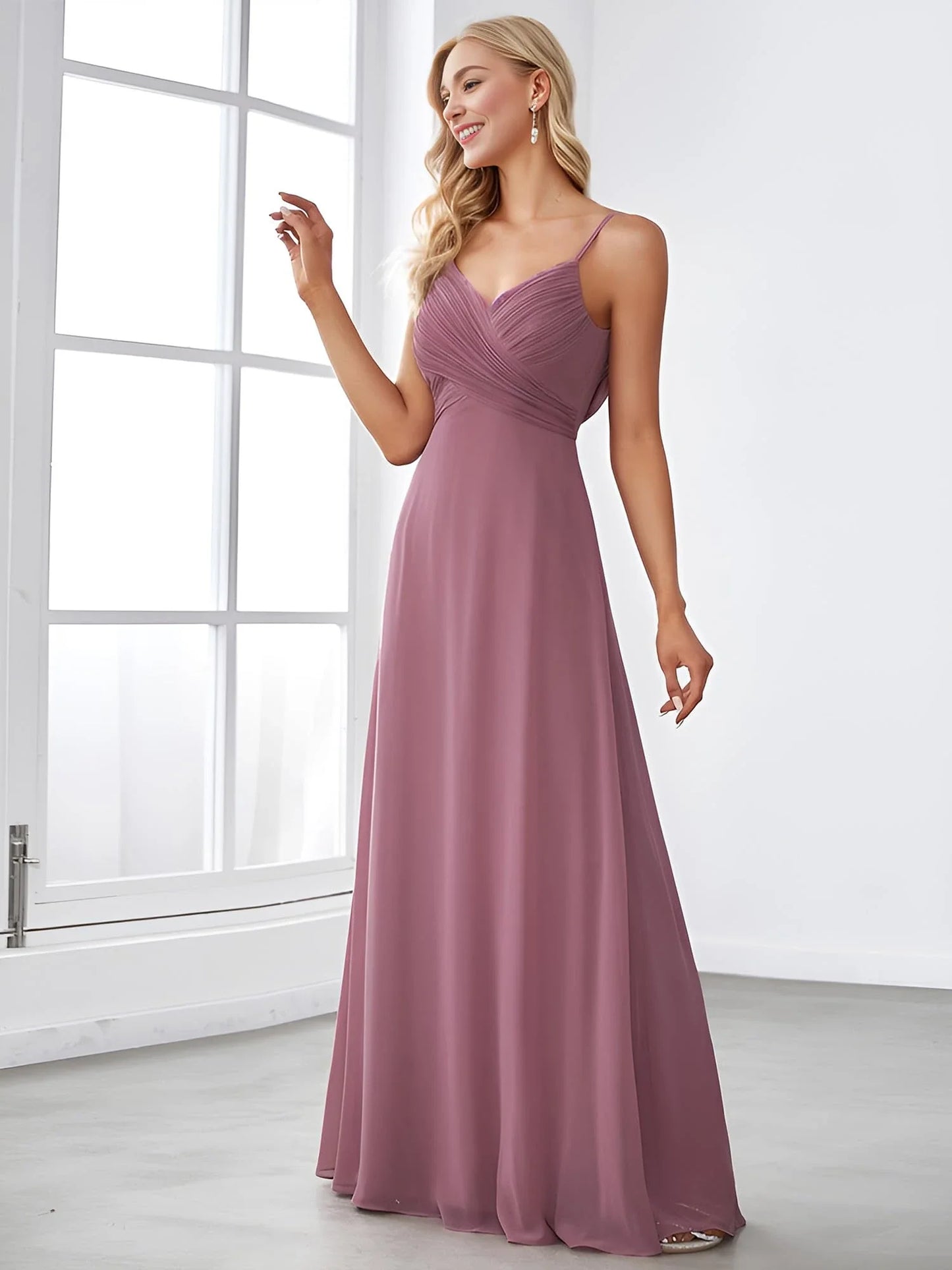 Elegant A-Line V-Neck Spaghetti Strap Cowl Back Maxi Bridesmaid Dress