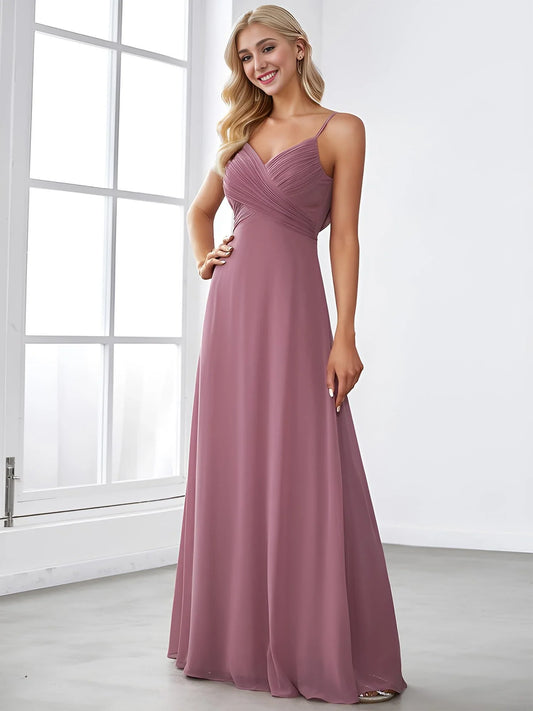 Elegant A-Line V-Neck Spaghetti Strap Cowl Back Maxi Evening Dress