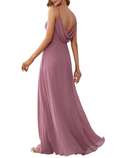 Elegant A-Line V-Neck Spaghetti Strap Cowl Back Maxi Evening Dress