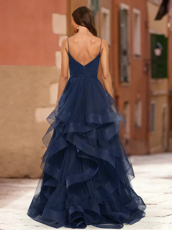 Elegant A-Line V-Neck Spaghetti-Strap-Zip-Back Navy Tulle Ruffled Floor-Length Prom Dresses