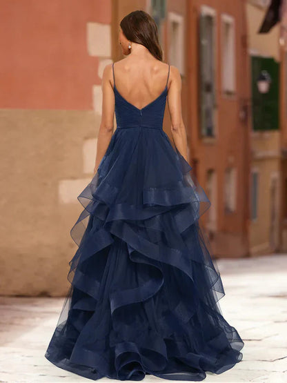 Elegant A-Line V-Neck Spaghetti-Strap-Zip-Back Navy Tulle Ruffled Floor-Length Prom Dresses