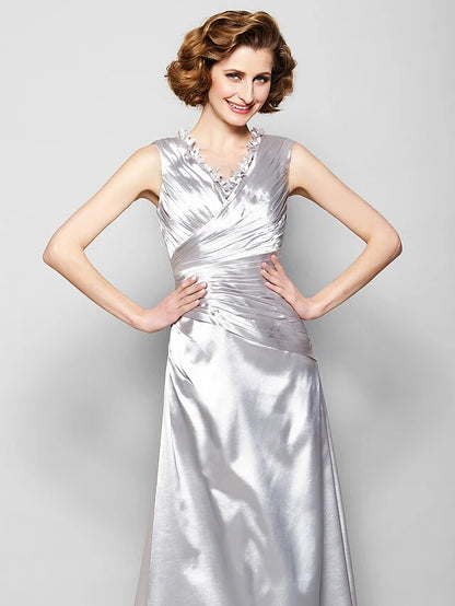 Side profile of the A-line Mother of the Bride dress, showcasing the elegant draping.