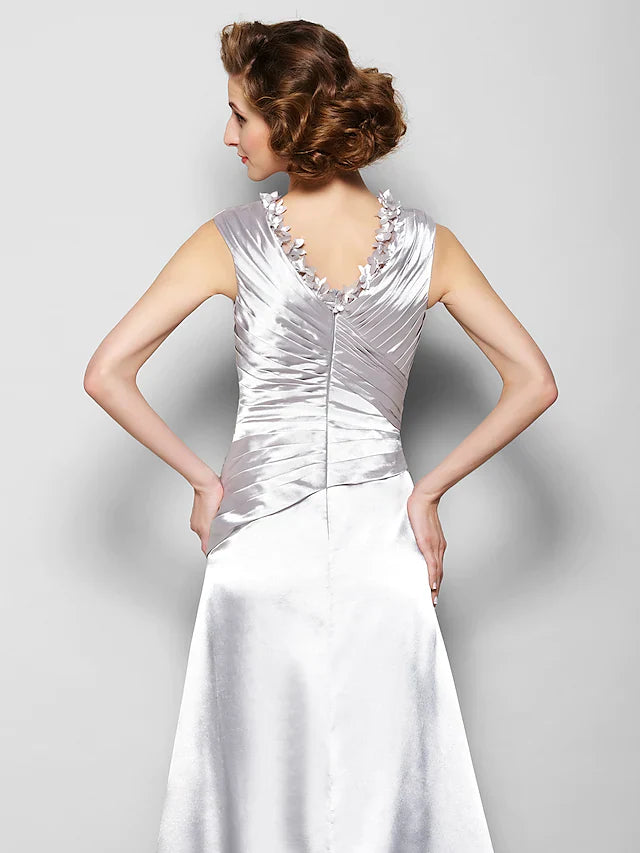 Full length view of the sophisticated A-line Mother of the Bride dress.