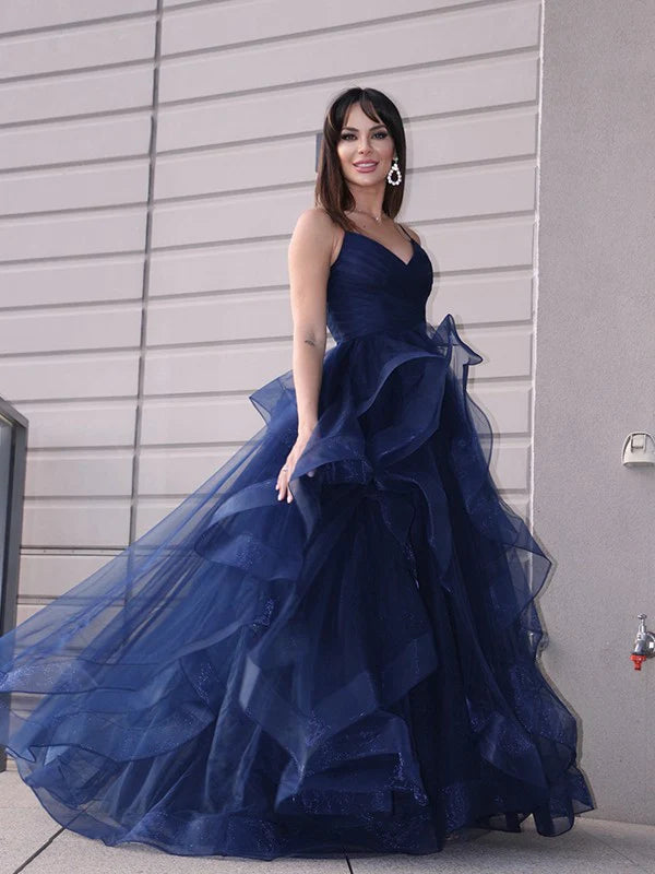 Elegant A-Line Princess Tulle Prom Dress with V-neckline.