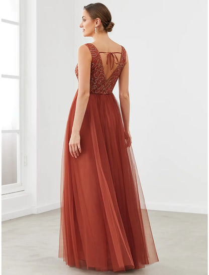 Back view of an A-Line V-Neck tulle dress, showcasing the floor-length design.