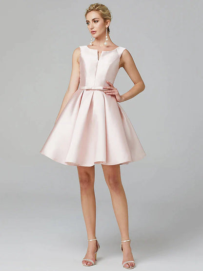 Elegant A-line satin homecoming dress with V-wire neckline and bows.