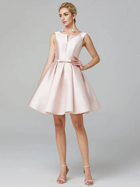 Elegant A-line satin homecoming dress with V-wire neckline and bows.