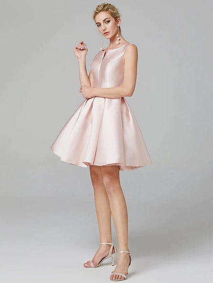 Sleeveless A-line satin dress with a V-wire neckline.
