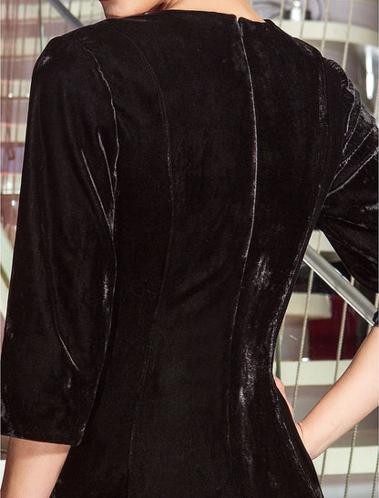 Back view of the floor-length velvet dress, showing the elegant drape and pleats.