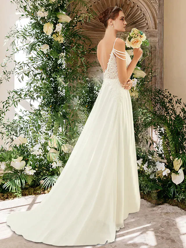 Full view of A-Line wedding dress featuring lace, beading, and chiffon fabric.