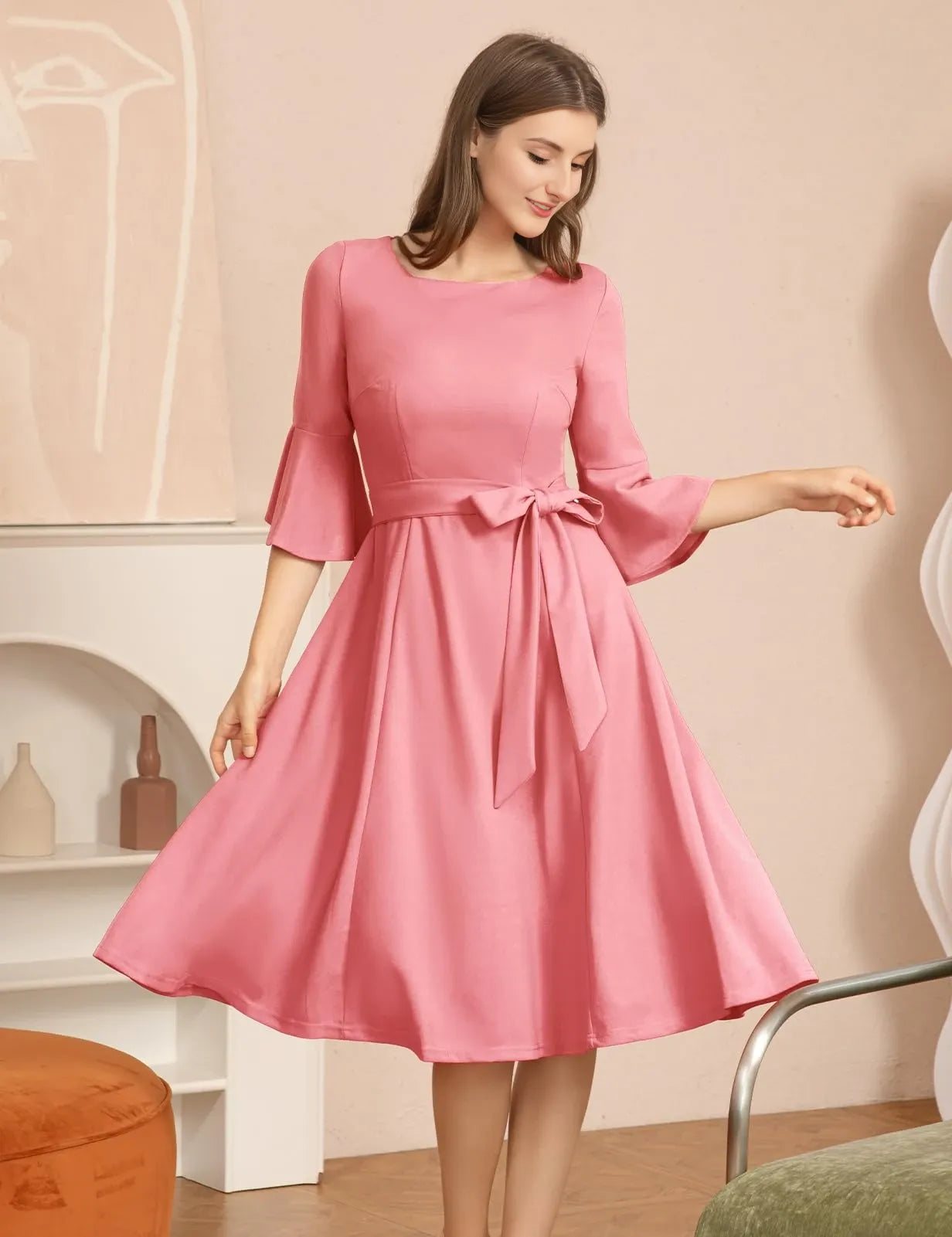 Elegant A - line Boat Neck Bell Sleeve Zipper Back Knee - length Bridesmaid Dress