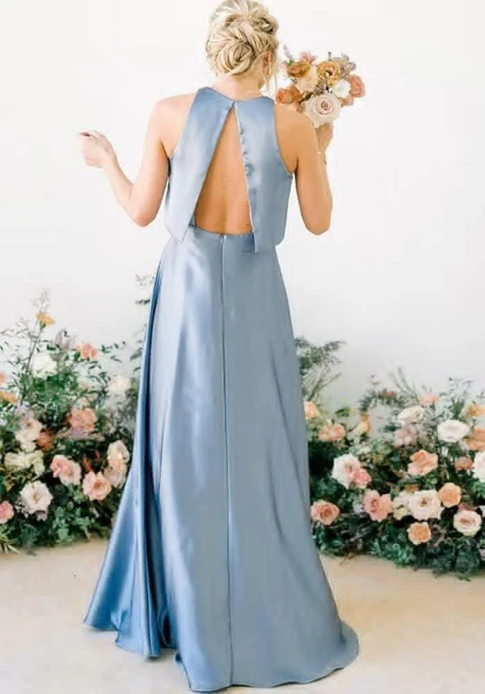 Elegant A - line High Neck Sleeveless Keyhole Back Floor - length Bridesmaid Dress with Pockets