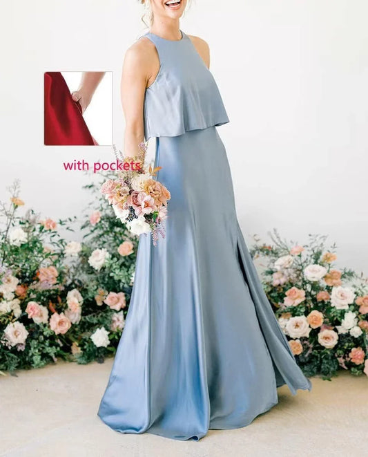 Elegant A - line High Neck Sleeveless Keyhole Back Floor - length Bridesmaid Dress with Pockets