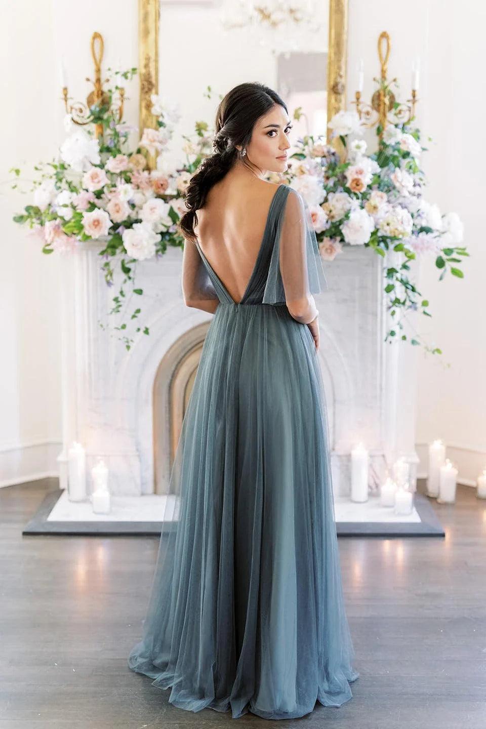 Elegant A - line Plunging Neck Sheer Sleeve Zipper Back Floor - length Bridesmaid Dress