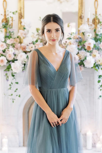 Elegant A - line Plunging Neck Sheer Sleeve Zipper Back Floor - length Bridesmaid Dress