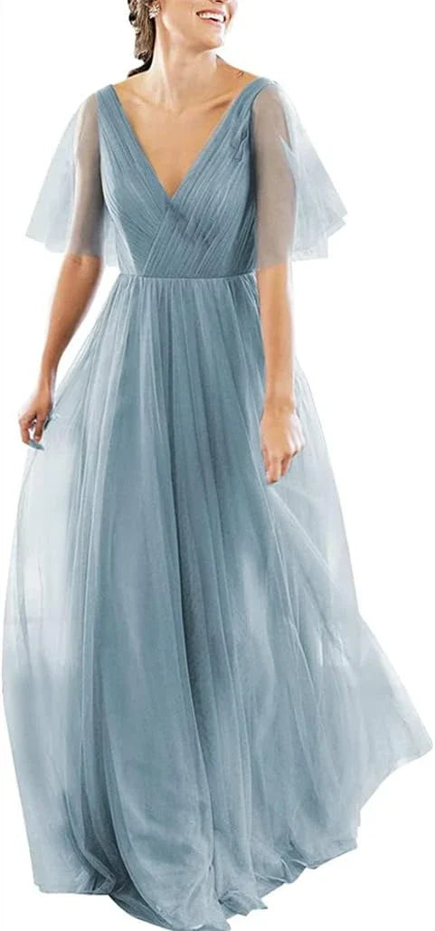 Elegant A - line Plunging Neck Sheer Sleeve Zipper Back Floor - length Bridesmaid Dress