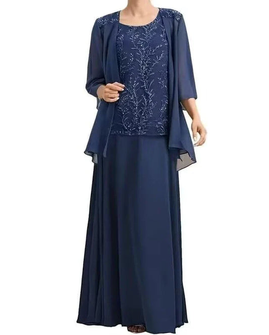 Elegant-A-line-Scoop-Neck-Three-Quarter-Sleeve-Zipper-Back-Floor-length-Bridesmaid-Dress-Set