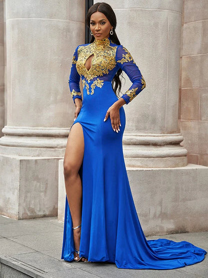 Side view of the blue applique long sleeve high neck prom dress.