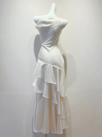 Elegant Asymmetrical One-Shoulder Ruched Ruffle Tiered Maxi Dress