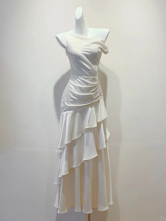 Elegant Asymmetrical One-Shoulder Ruched Ruffle Tiered Maxi Dress