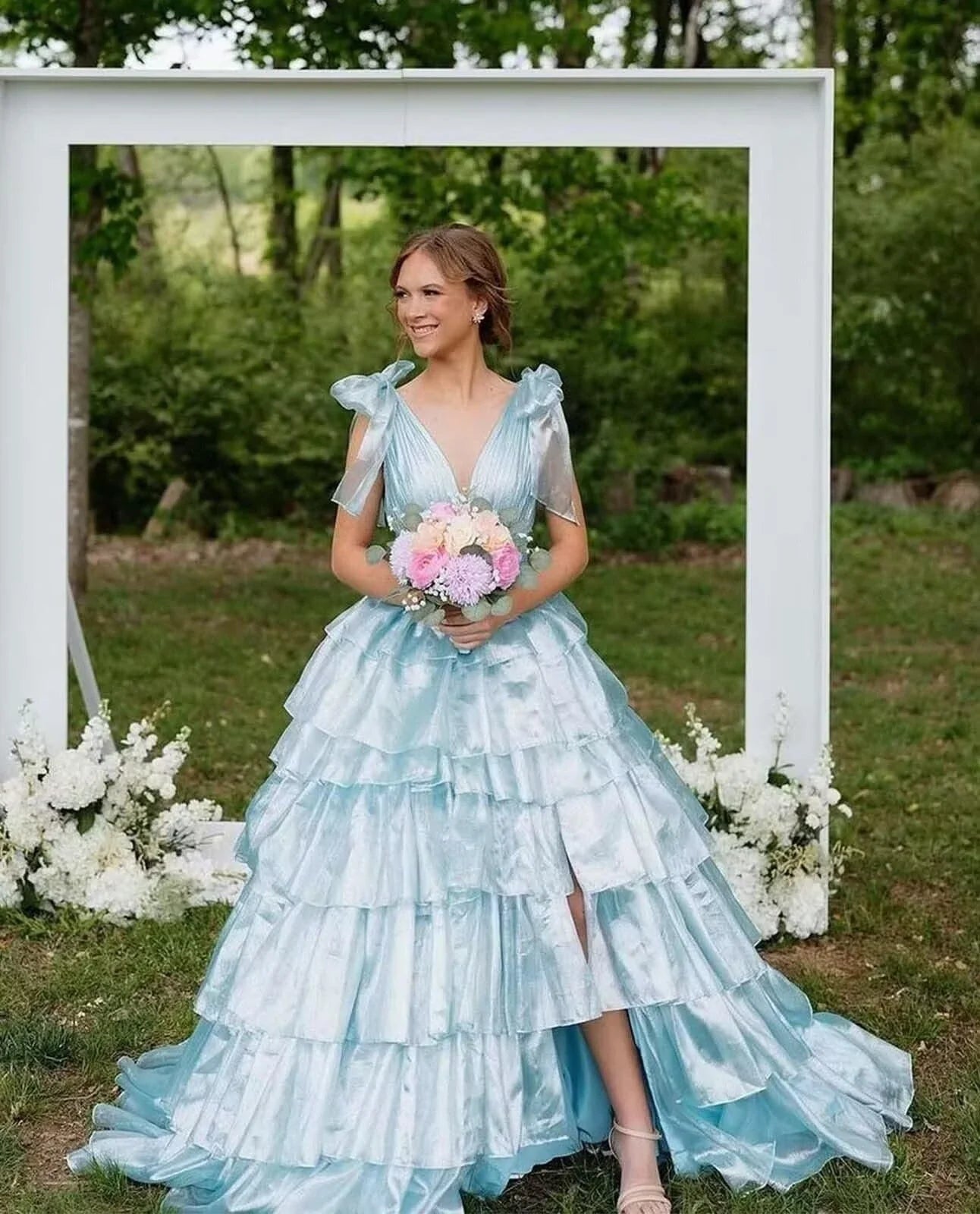 Elegant Ball Gown Deep V-Neck Bow Strap Ruffle High-Slit Maxi Evening Dress