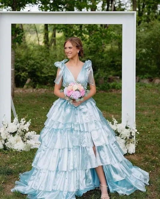 Elegant Ball Gown Deep V-Neck Bow Strap Ruffle High-Slit Maxi Evening Dress