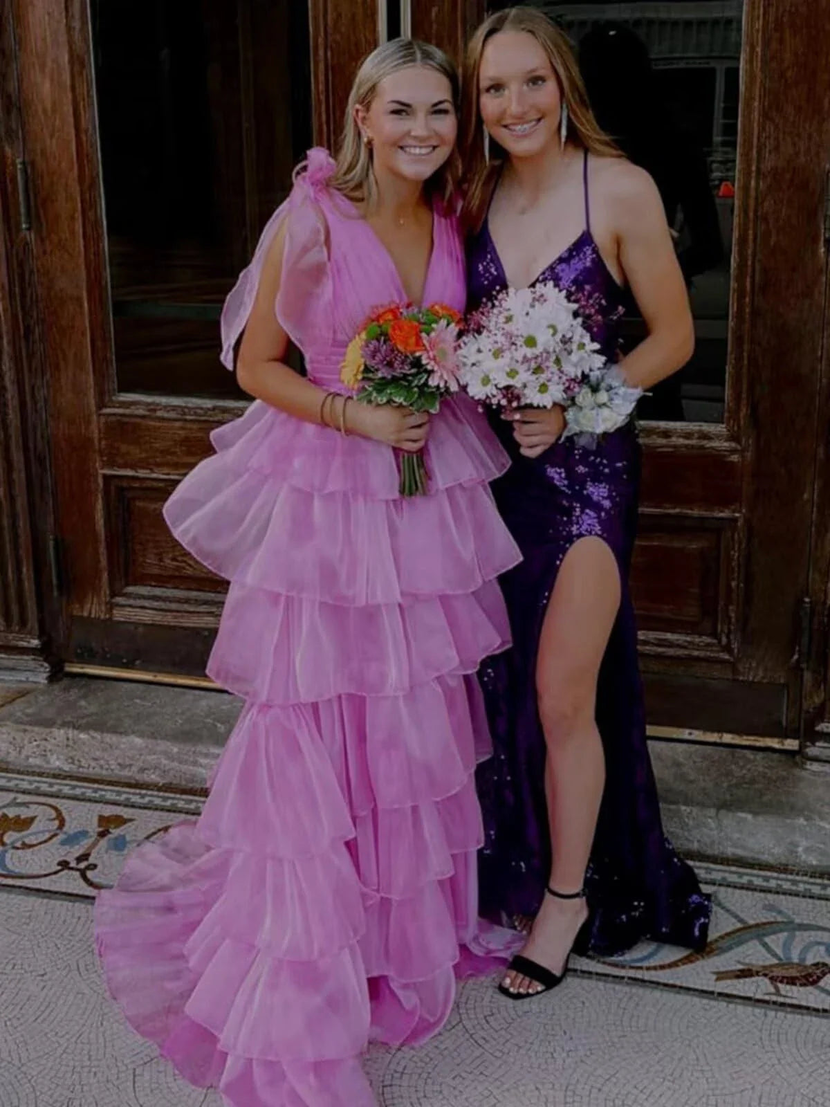 Elegant Ball Gown Deep V-Neck Bow Strap Ruffle High-Slit Maxi Evening Dress