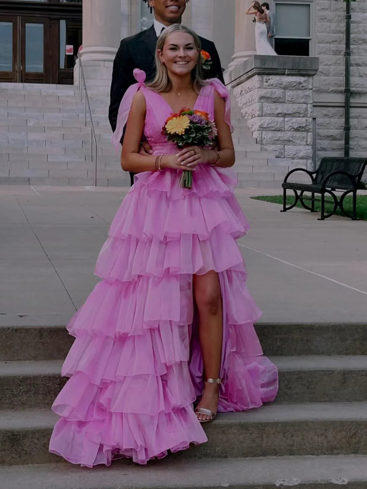 Elegant Ball Gown Deep V-Neck Bow Strap Ruffle High-Slit Maxi Evening Dress