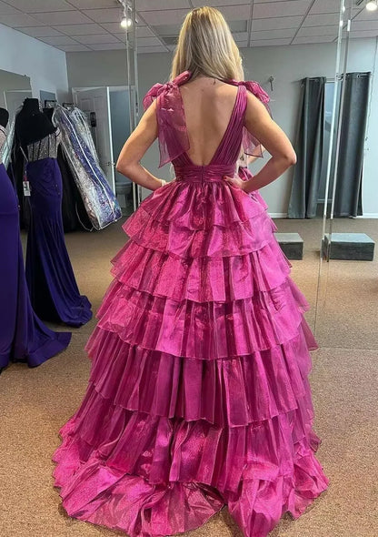 Elegant Ball Gown Deep V-Neck Bow Strap Ruffle High-Slit Maxi Evening Dress