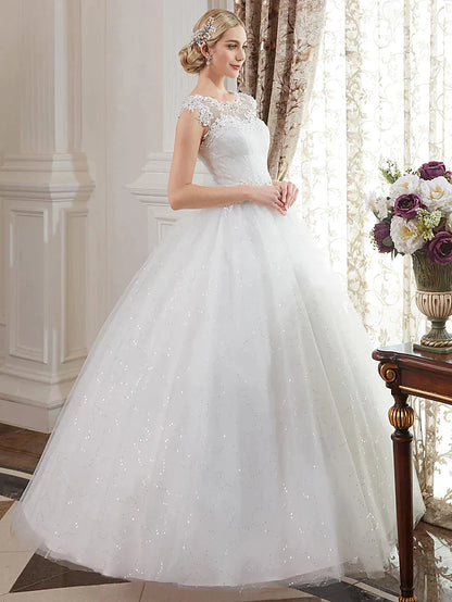 Full view of the elegant ball gown wedding dress from a different angle.