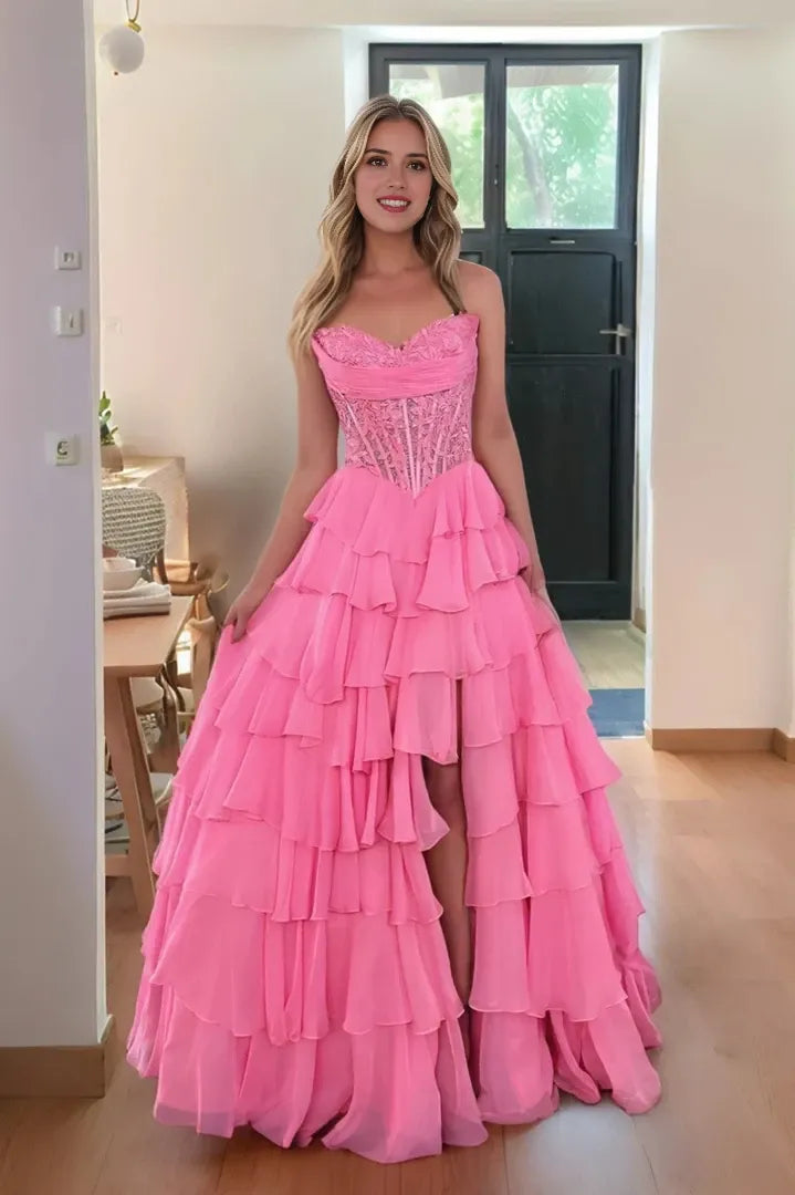 Elegant Ball Gown Strapless Lace-Corset Tiered-Ruffle High-Slit Zip-Back Maxi Evening Dress