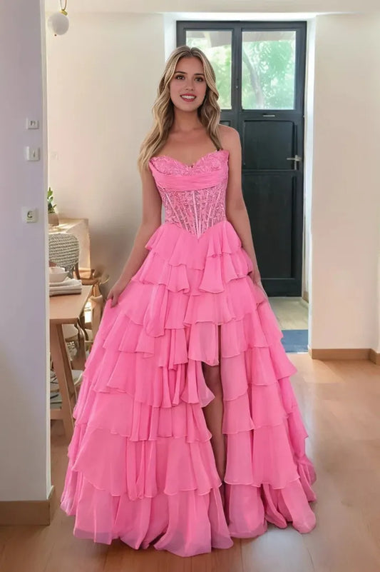 Elegant Ball Gown Strapless Lace-Corset Tiered-Ruffle High-Slit Zip-Back Maxi Evening Dress