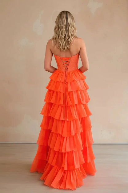 Elegant Ball Gown Strapless Sequin-Corset Tiered-Ruffle Crisscross-Lace-Up-Back Maxi Evening Dress
