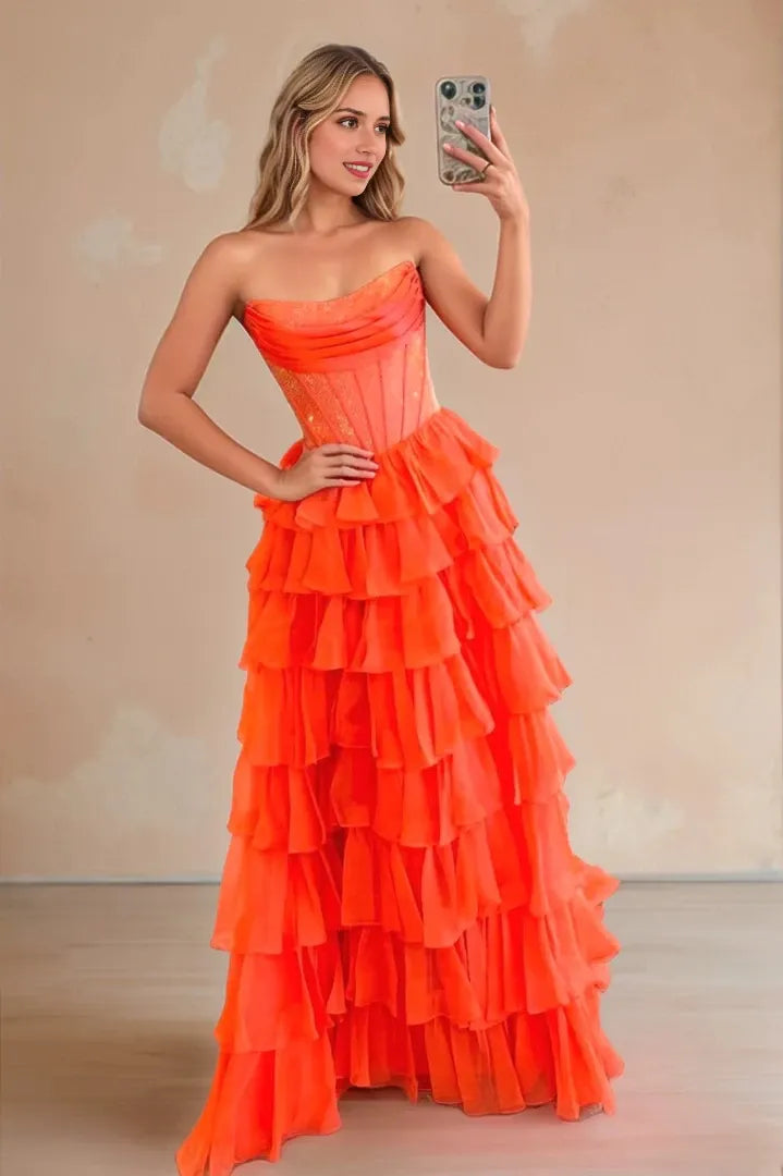 Elegant Ball Gown Strapless Sequin-Corset Tiered-Ruffle Crisscross-Lace-Up-Back Maxi Evening Dress