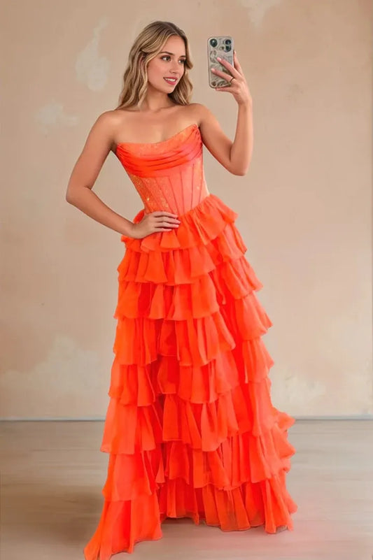 Elegant Ball Gown Strapless Sequin-Corset Tiered-Ruffle Crisscross-Lace-Up-Back Maxi Evening Dress
