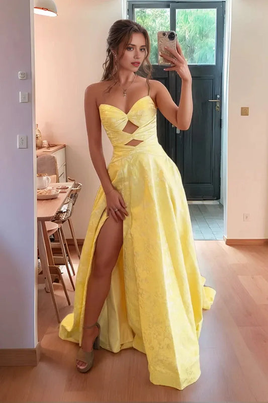Elegant Ball Gown Sweetheart-Neck Cutout-Bodice Crisscross-Lace-Up-Back High-Slit Train Maxi Evening Dress